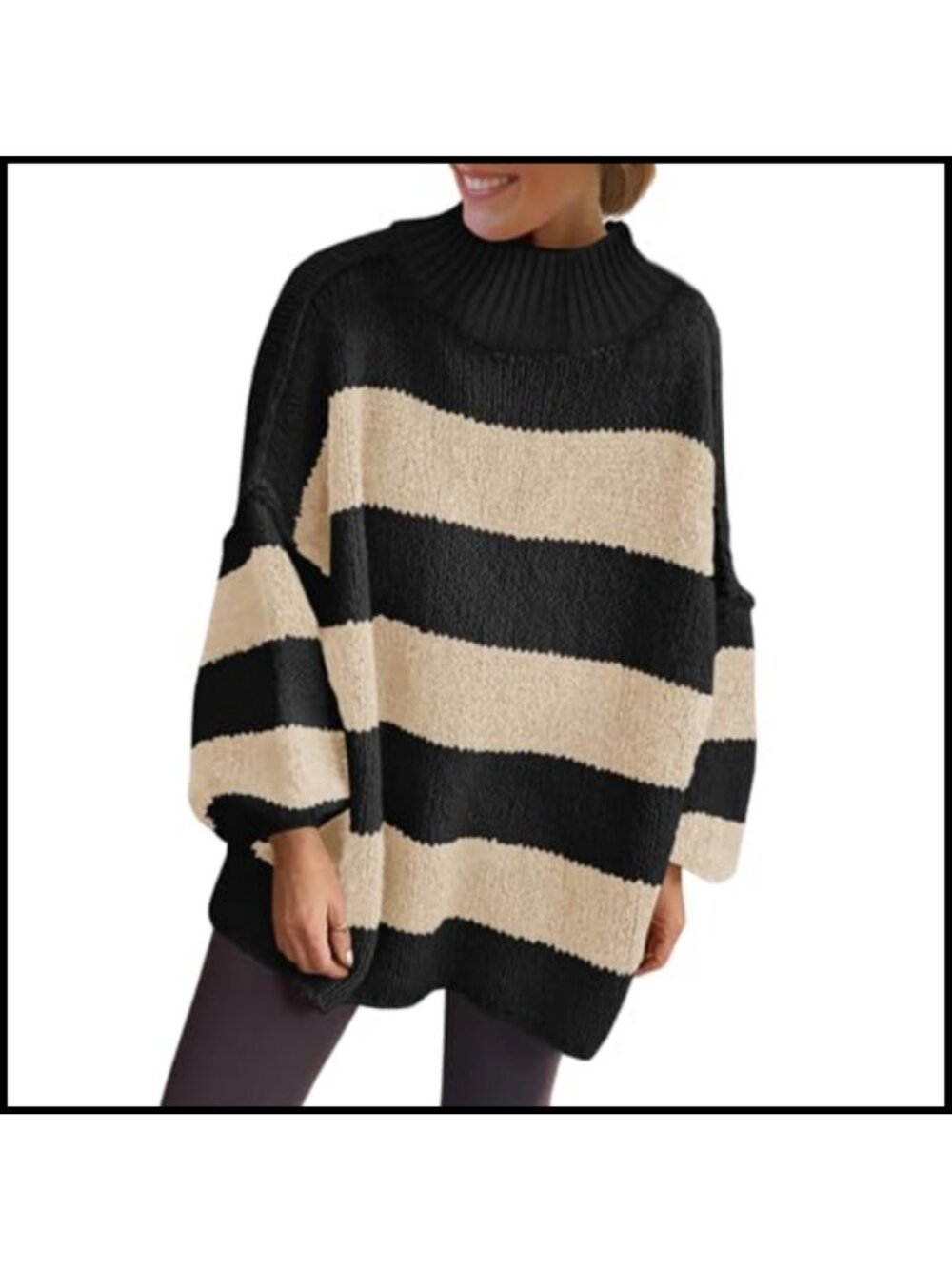 Oversized Striped Mock Neck Chunky Knit Pullover Sweater